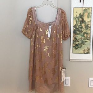 Silk Blush Goddess Dress w Gold Metallic Flowers